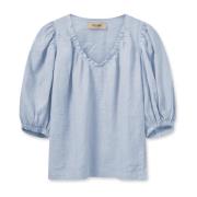Vrouwelijke linnen blouse met pofmouwen MOS Mosh , Blue , Dames