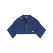 Indigo Blauwe Linnen Overhemd met Geborduurd Logo Palm Angels , Blue ,...