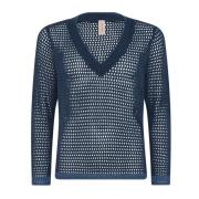 Openwork V-Neck Pullover Blouse Jeans Blauw Skovhuus , Blue , Dames