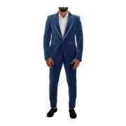 Blauw Velvet Slim Fit 2-delig Pak Dolce & Gabbana , Blue , Heren