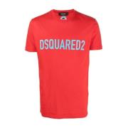 Logo-Print Crew-Neck T-Shirt in Rood en Teal Blauw Dsquared2 , Red , H...