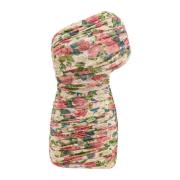 Jurk met bloemenprint van tule met gedrapeerde one-shoulder Saint Laur...