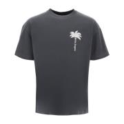 Versleten Palm Print Katoenen T-shirt Palm Angels , Gray , Heren