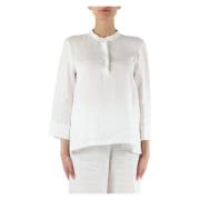 Linnen blouse met Koreaanse kraag NIU , White , Dames