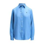 Blauw Langemouw Knoop-Front Shirt Ralph Lauren , Blue , Dames