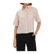 Linnen Cropped Shirt met Geborduurd Logo Tommy Hilfiger , Pink , Dames