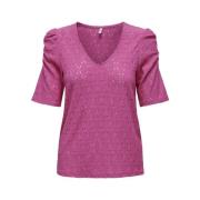 V-hals Puff Top in Raspberry Rose Only , Pink , Dames