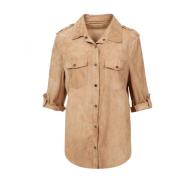 Beige Leren Jas Kraag Lange Mouwen Salvatore Santoro , Beige , Dames