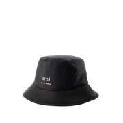 Zwarte Leren Bucket Hat met Messing Details Ami Paris , Black , Unisex
