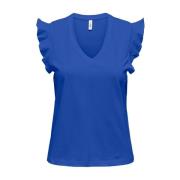 Frill V-Neck Korte Mouw T-shirt Only , Blue , Dames