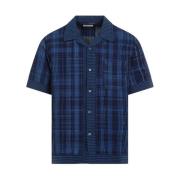 Indigo Geruite Bowling Kraag Shirt Universal Works , Blue , Heren