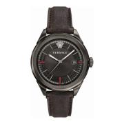 Donkergrijs Bruin Leder Zilver Staal Horloge Versace , Brown , Heren