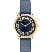 Logo Halo Leren Horloge Blauw Goud Versace , Blue , Dames