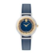 Chic Leren Horloge Blauw Goud Versace , Gray , Dames