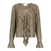 Kanten V-hals Blouse met Ruchedetails Neo Noir , Beige , Dames