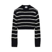 Zwart/Wit Crew Neck Crop Sweater Halfboy , Black , Dames