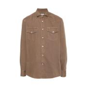 Aardebruine Denim Shirt met Uniek Yoke Design Brunello Cucinelli , Bro...