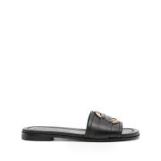 Zwarte Leren Platte Sandalen Moncler , Black , Dames