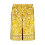 Zijden Barocco Print Elastische Taille Shorts Versace , Yellow , Heren