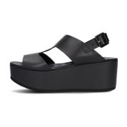 Zwarte Leren Plateau Sandaal met Uitsparingen Shabbies , Black , Dames