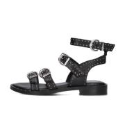 Zwarte Leren Sandalen met Gouden Studs Bronx , Black , Dames