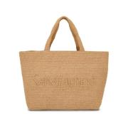 Raffia Tote met Geborduurd Logo Saint Laurent , Beige , Dames