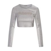 Zilver Metallic Crop Top met Logo Paco Rabanne , Gray , Dames