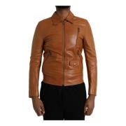 Bruin Leren Zip Blouson Jack Dolce & Gabbana , Brown , Heren