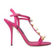 Roze Leren T-Strap Sandalen Dolce & Gabbana , Pink , Dames