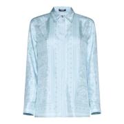 Barocco Print Zijden Overhemd Versace , Blue , Dames