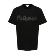 Glitter Logo Print Crew Neck T-shirt Alexander McQueen , Black , Heren