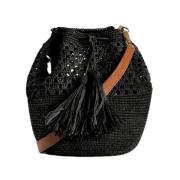 Gehaakte Raffia Tas met Leren Band Ibeliv , Black , Dames