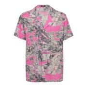 Kortemouw zijden pyjamashirt met Miami-print Balmain , Pink , Heren