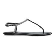 Kristal Zwarte Platte Sandalen René Caovilla , Black , Dames