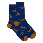 Blauwe Korte Katoenen Sokken met Kattenmotief Gallo , Multicolor , Dam...