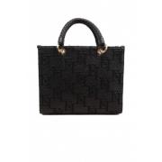 Rafia Jacquard Shopper Tas met Charms Elisabetta Franchi , Black , Dam...