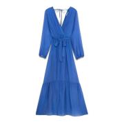 Zijde Blend Gekruiste V-hals Maxi Jurk Oltre , Blue , Dames