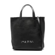 Zwarte Geborduurde Logo Tote Tas Marni , Black , Dames