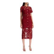 Bloemenkant Midi Jurk met Juweelknopen Self Portrait , Red , Dames