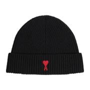 Logo Wol Beanie Warm Materiaal Ami Paris , Black , Heren