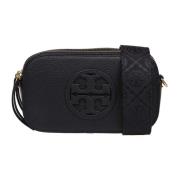 Zwarte Leren Schoudertas met Dubbel T Logo Tory Burch , Black , Dames