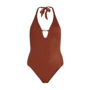 Glanzende Bruine Logo Badpak Karl Lagerfeld , Brown , Dames