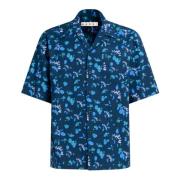 Poplin bowling shirt met druipend print Marni , Blue , Heren