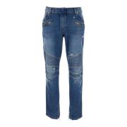 Vintage Blue Biker Denim Broek Balmain , Blue , Heren