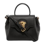 Zwarte Leren Handtas met Klepsluiting Versace , Black , Dames