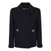 Dubbele Crepe Caban met Gouden V-Detail Valentino Garavani , Blue , Da...