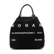 Canvas Leren Tote Tas Zwart Hogan , Black , Dames