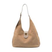 Beige Suede Hobo Tas met Love Birds Pinko , Beige , Dames