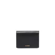 Zwarte Leren Portemonnee met Logostempel Jil Sander , Black , Dames