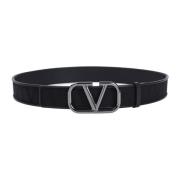 Zwart Leren Vlogo Gesp Riem Valentino Garavani , Black , Heren